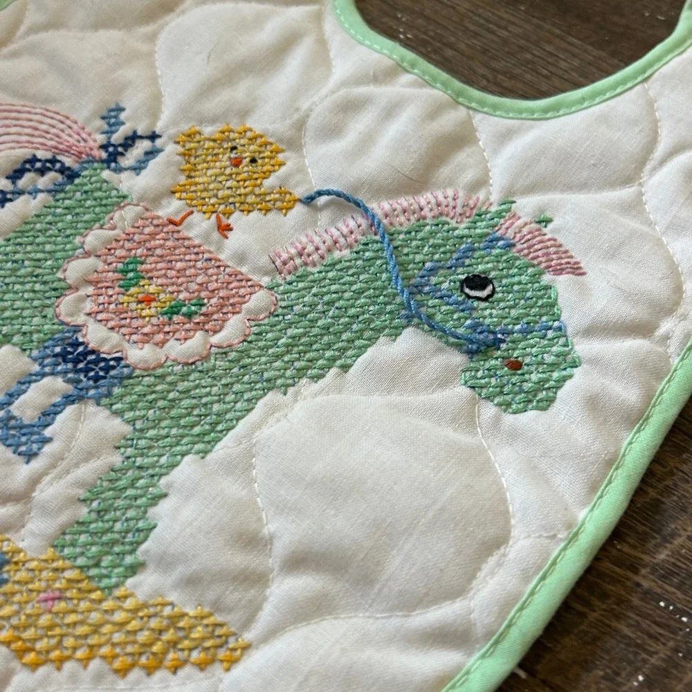 Vintage Handmade Quilted Baby Bib Cross Stitch Rocking Horse Chick‎ Mint Green